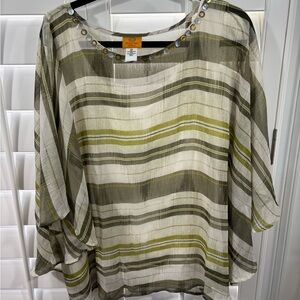 Ruby Road Olive & Cream Striped Sheer Blouse